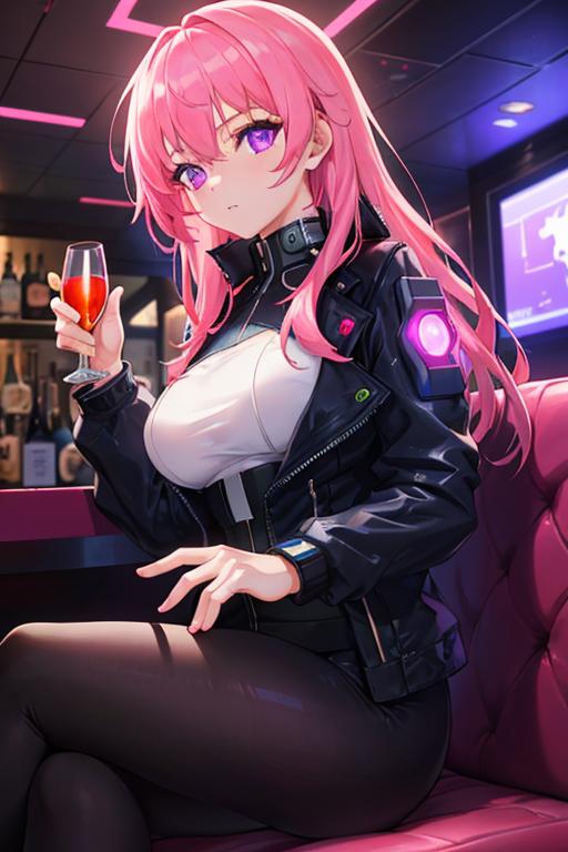 00204-984404886-Cyberpunk, 1girl, sitting in a futuristic bar, holding a glass, modified human, elegant suit, pink hair, purple eyes, looking in.png